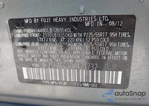 2013 Subaru Forester 2.5X Limited z USA, uszkodzony, nr VIN JF2SHAEC3DH421732